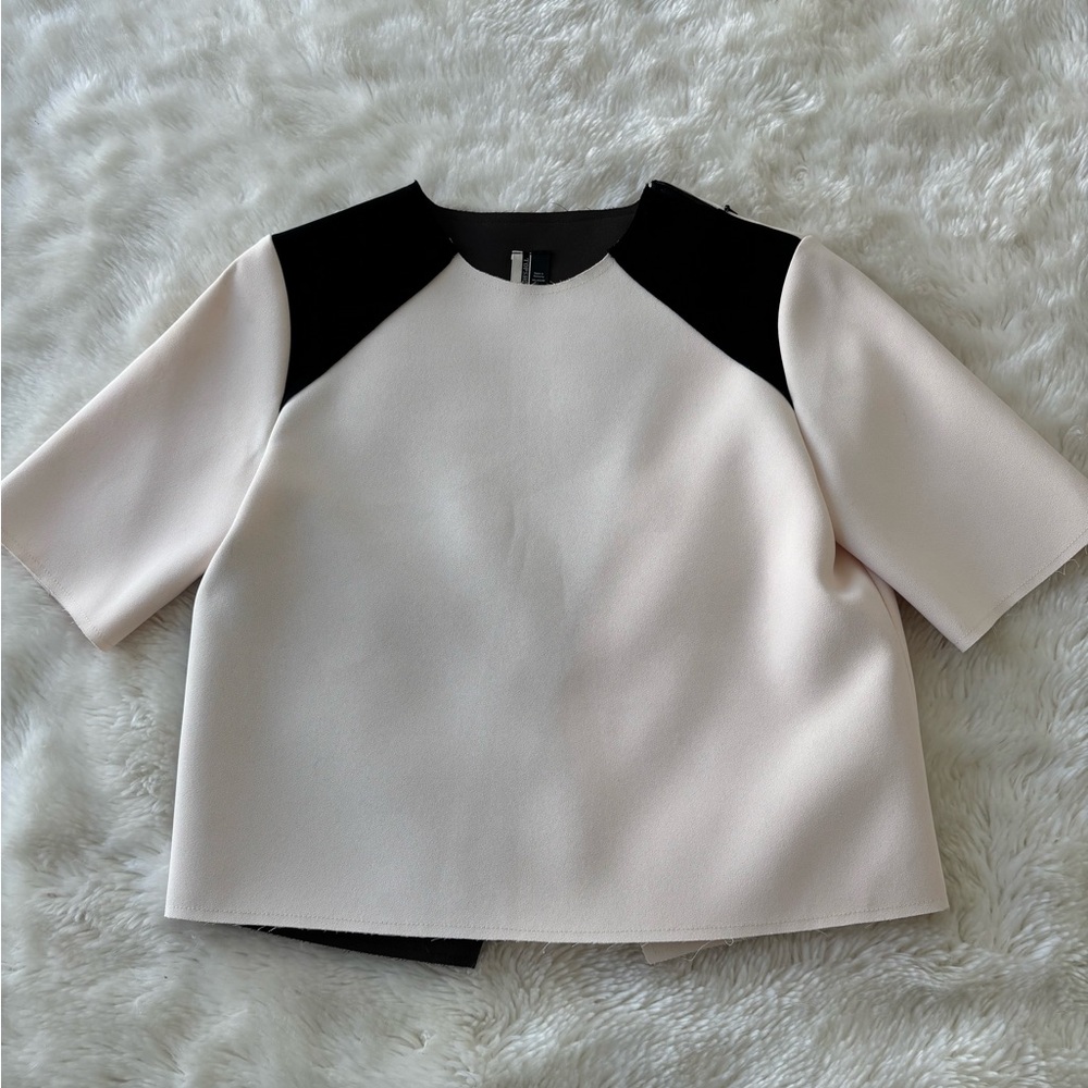 Topshop Cream and White Boxy Short Sleeve Blouse